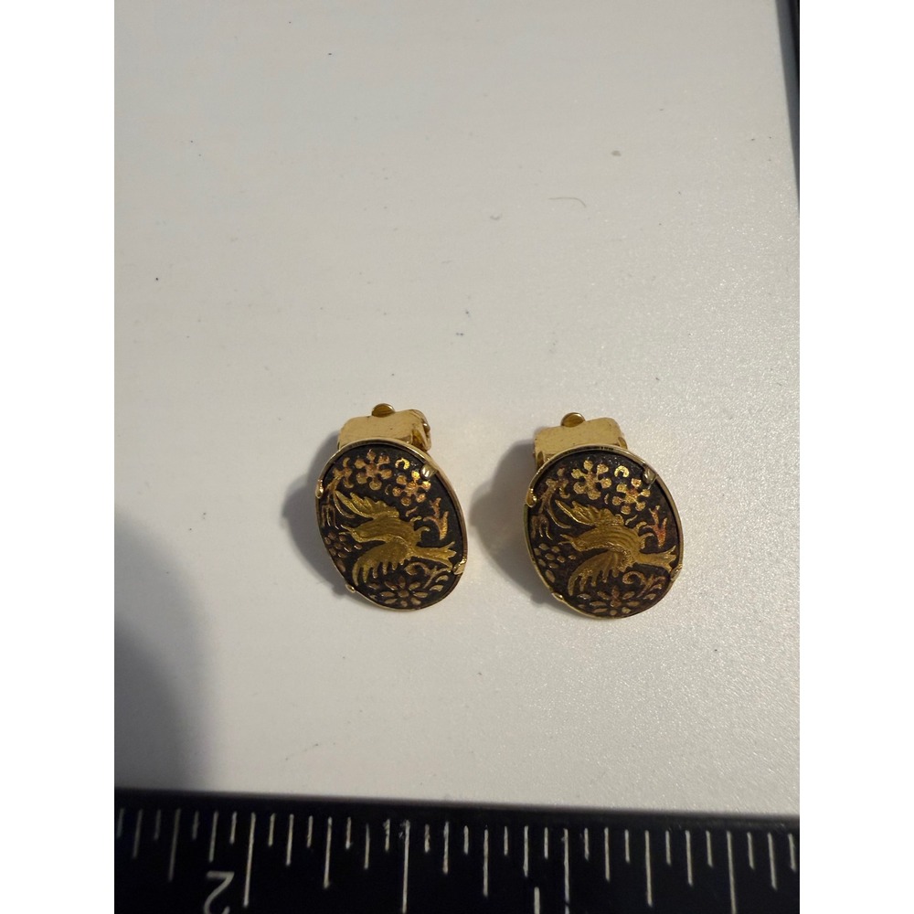 Vintage Amita Damascene Clip On Earrings Gold Inlay Bird Floral Japanese Jewelry